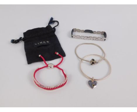 A Links of London metal and red silk spiral bracelet, Pandora bracelet, bangle with a heart shaped charm and a link bracelet 