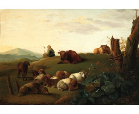 Altmeister 18./19. Jahrhundert Hirte mit grasenden Schafen und Kühen, Old master 18./19. century shepherd with grazing sheep 