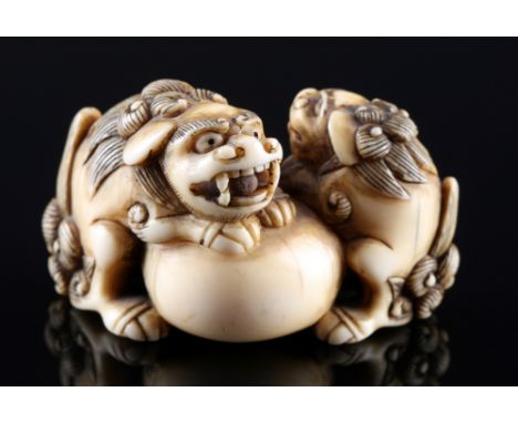 Japan 18./19. Jahrhundert, Elfenbein Katabori-Netsuke Shishi Paar mit Kugel, Edo-Zeit,Japan Edo-Zeit 1603 bis 1868, Elfenbein