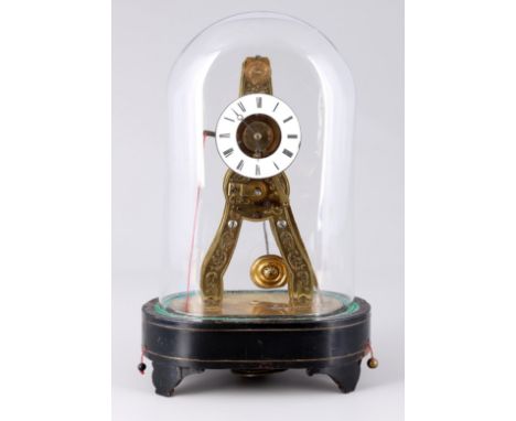 Kleine Skelettuhr im Glasdom, 19. Jahrhundert, Skeleton clock 19th century,Frankreich 19. Jahrhundert, Skelettuhr mit Wecker,