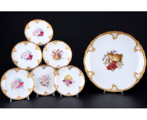 Fürstenberg Blumen- und Obstmalerei 6 Kuchenteller mit großer Prunkschale, dessert plates with large splendor bowl,Porzellan,