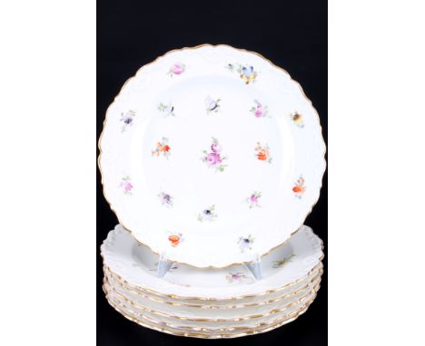 Meissen 19. Jahrhundert Streublümchen 6 Kuchenteller, Knaufmarke, dessert plates,Porzellan, blaue Schwertermarke mit vier Sch