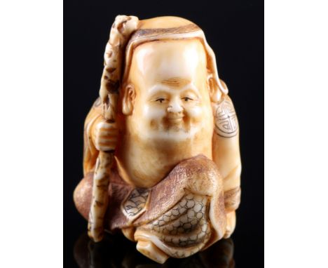 Japan 19. Jahrhundert, Elfenbein Netsuke Fukurokuju Glücksgott, signiert, Meiji-Zeit,Japan Meiji Zeit 1868 bis 1912, Flusspfe
