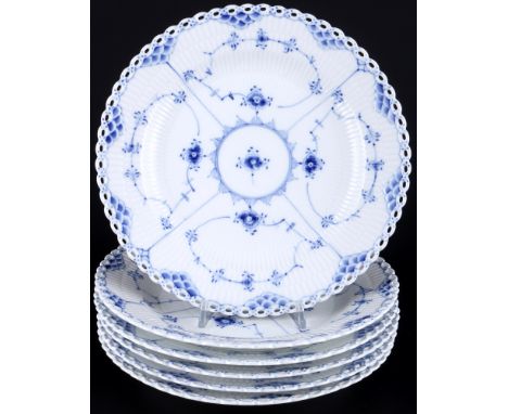 Royal Copenhagen Musselmalet Vollspitze 6 Speiseteller 1084, full lace dinner plates 1st choice,Porzellan, Dänemark, mit grün
