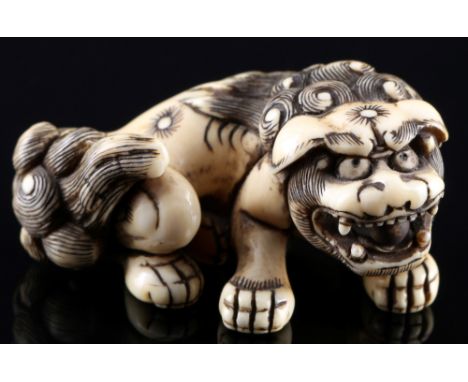 Japan 18./19. Jahrhundert, Elfenbein Netsuke Shishi mit Jungem, Edo-Zeit,Japan Edo-Zeit 1603 bis 1868, Elfenbein, das Netsuke