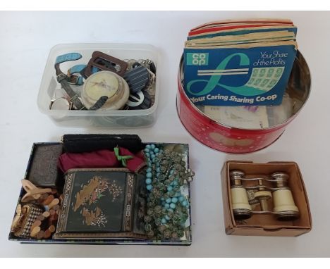 A tub and 2 boxes of various items including divident stamps, various costume jewellery, collectables, novelty lighter, Orien