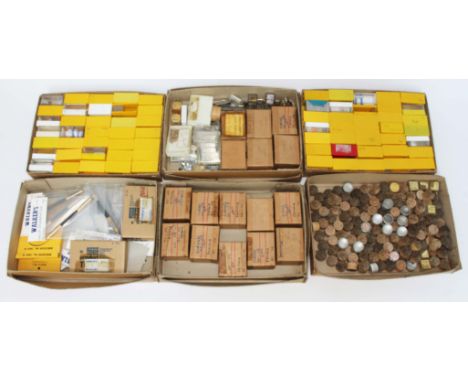 Six boxes of assorted watch parts and tools.  