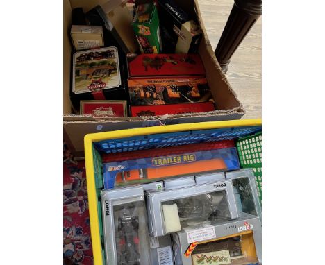A box and a crate of boxed model vehicles including Corgi, Matchbox, Yesteryear, etc.  