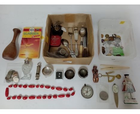 Two boxes of miscellaneous collectables to include silver railway badge, various coins, ornaments, novelty measuring tape, no