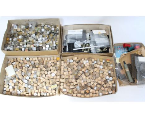 Five boxes of assorted watch/clock parts and tools.  