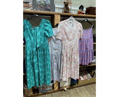 Three vintage 1970s/ 1980s Laura Ashley dresses, lilac pink and green floral print, cream background with pink, peach and gre