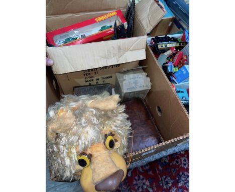 A mixed box including a vintage case with model ships, Thunderbird models, steam engine, stereo viewer, old photographs, a vi