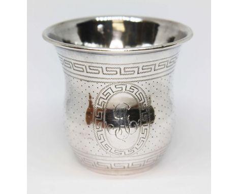 A French silver cup, engraved exterior with Greek Key border, height 6cm, wt. 48g.General wear, few dings / marks to the rim 