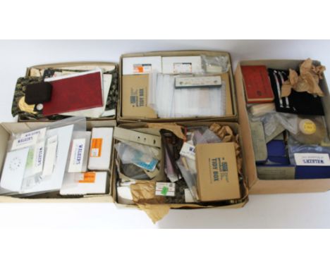 Five boxes of assorted watch/clock parts and tools.  