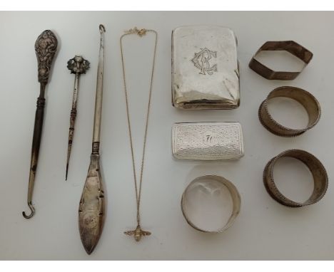 Various items of silver comprising cigarette case, three button hooks, four napkin rings, a necklace and white metal box with