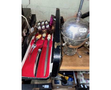 Various items of metalware including Mappin &amp; Webb egg coddler, cased napkin rings and a cased carving knife set with hor