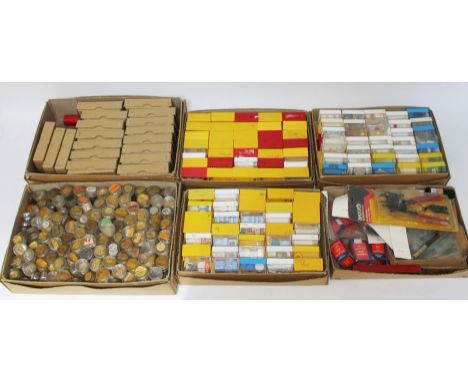 Six boxes of assorted watch/clock parts and tools.  