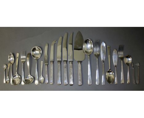 Art Deco silver flatware, six place setting, comprising six small forks, twelve medium forks, six large forks, six teaspoons,