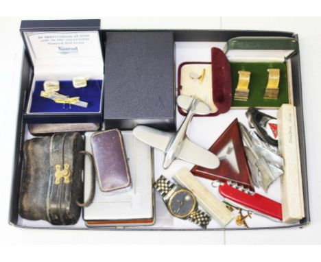 A box of assorted collectables including aerospace items, cigarette cases, a Rotary watch, a penkinfe, opera glasses etc.  