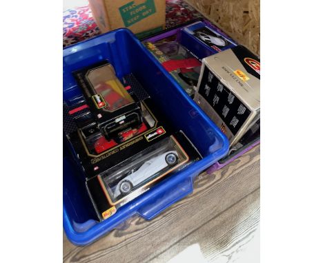 Two boxes of boxed model vehicles including Burago, Maisto, Megamotors RC car, etc.  