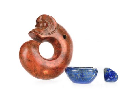modelled as a mythical creature, in iron red with brown and black inclusions, along with a Chinese cobalt blue eye bath, hous