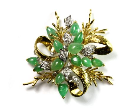 A stunning Chinese 18ct yellow and white gold (stamped 18K) jade and diamond set spray brooch, L. 5.5 x 6.5cm.