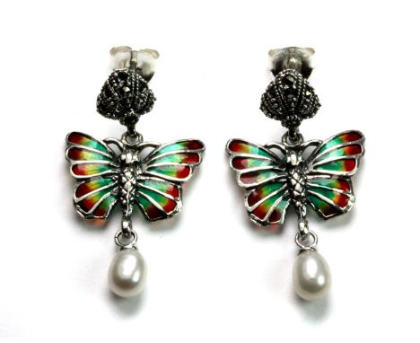 A pair of 925 silver, marcasite and enamel butterfly earrings set with a cultured pearl.