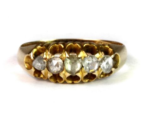 A Victorian 15ct yellow gold (stamped 625) ring set with three old cut diamonds and two replacement stones (K.5) (approx. 2.6