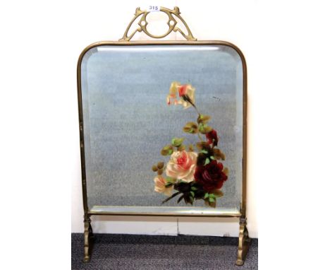 A Victorian hand painted brass and mirrored fire screen, H. 77cm.