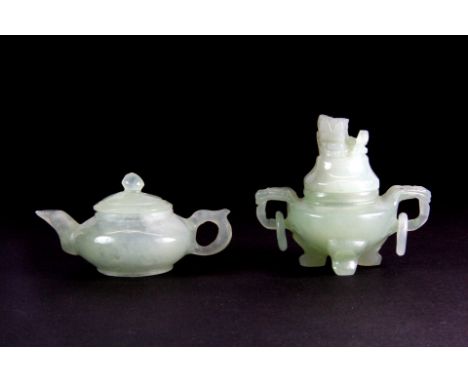 A carved jade miniature teapot and jade miniature censor, H. 4&6cm, Prov. The late Bob Marion collection.