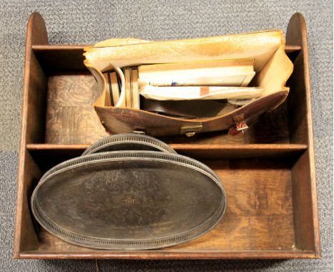 An oak book shelf, two silver plated trays and a leather briefcase and contents.