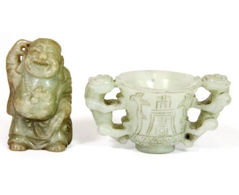 A Chinese carved nephrite jade two handled wine cup and a figure of the Happy Buddha, W. 9cm, Prov. Late Bob Marion collectio