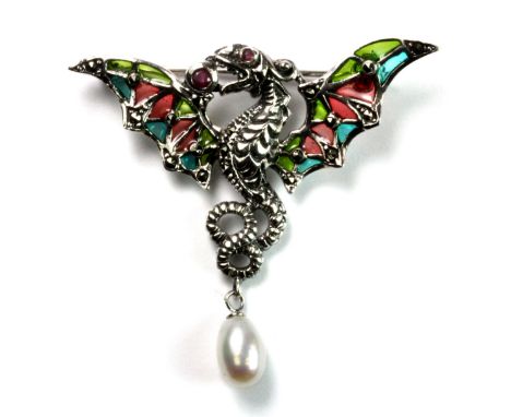A 925 silver and enamel brooch set with rubies and a cultured pearl.