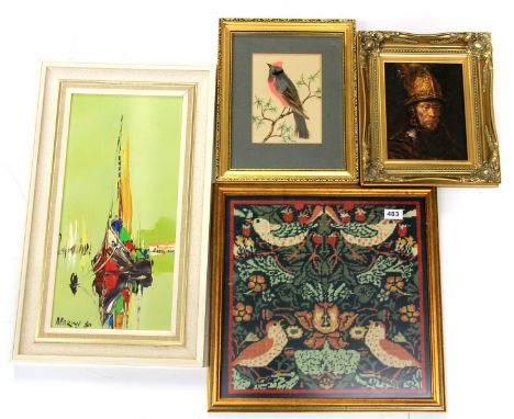 A framed tapestry, a feather and watercolour picture and two oils.