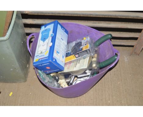 A box containing various hand tools, pond equipment, camping gas light etc.