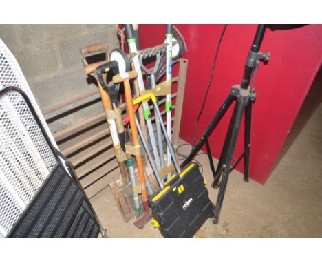 A quantity of long handled gardening tools etc