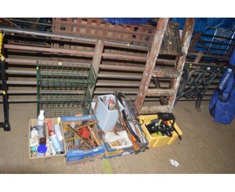 Four boxes of various hand tools and sundry items; a three tier rack; and a wooden step ladder