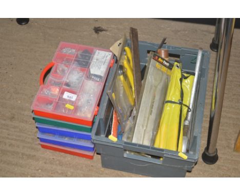 A box of various hand tools; together with a quantity of plastic storage cases and various fittings 