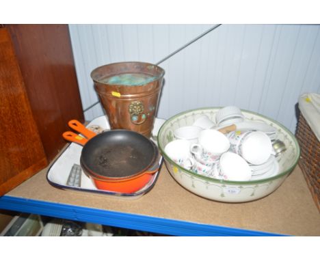 A wash bowl and contents of various china; an enamel dish  and contents of Le Creuset pans