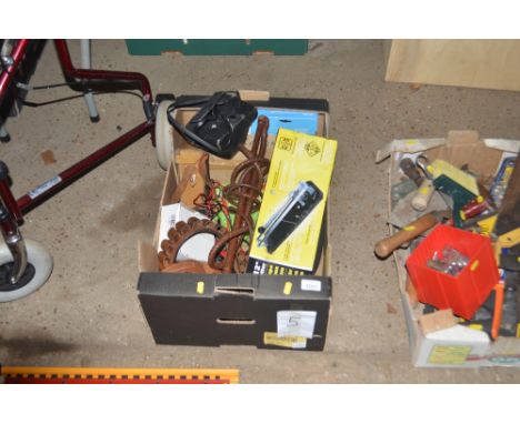 A box containing various sundry items  to include cartridge belts, leather whip, camera, sander etc.