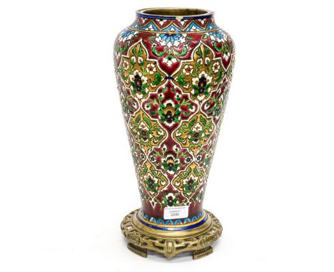 A 19th Century ceramics cloisonne style lamp base, possibly Zsolnay, in the Chinese style on pierced metal foot 