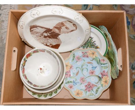 A collection of ceramics including two Portmeirion fruit bowls and saucers, four spode plates and transfer printed plate depi