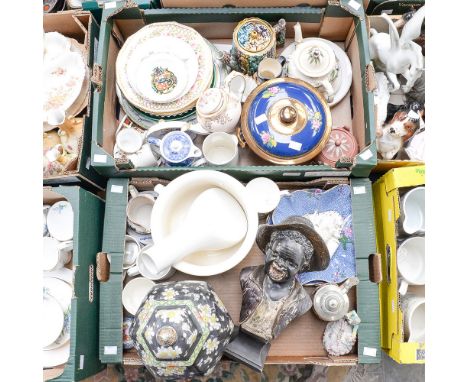 A collection of ceramics including Royal Crown Derby plates and Imari pattern posy vases, Majolica plates and teapot, pink We