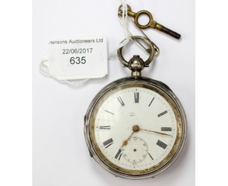 A silver pocket watch, white enamel dial 