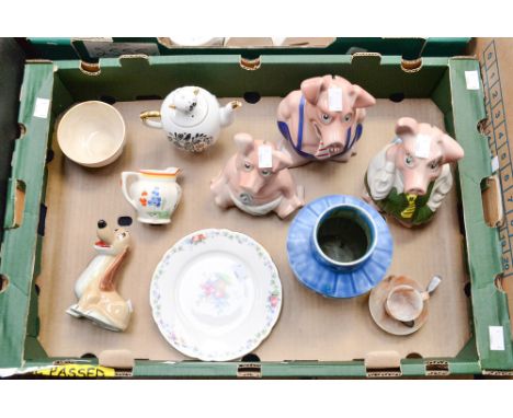 Three Wade money banks (pigs), a Wade Disney blow up figure, Shelley plate, Crown Ducal vase, Russian teapot and a Tudor ware