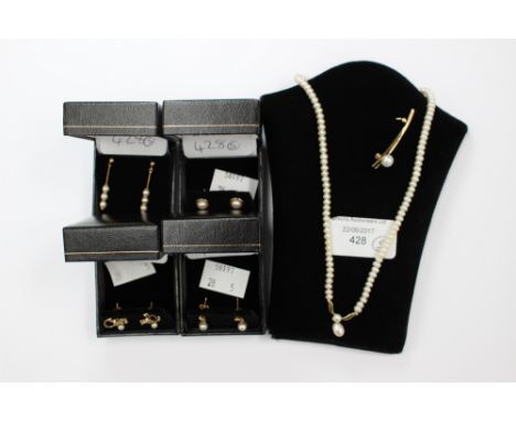 A pearl necklace with 9ct gold pendant and fittings, approx length 17'', a pair of 9ct gold pearl earrings (drop) 9ct gold st