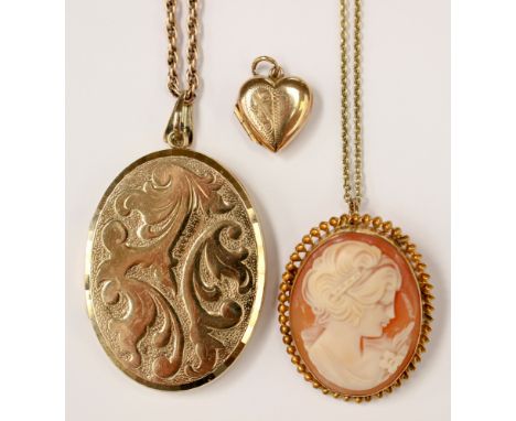 A 9ct gold oval locket approx 4x3cm on a chain approx 24'' long along with a heart shaped small locket on an 18'' chain, and 