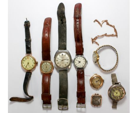 A collection of 9ct gold and base metal watches including Rotary, Timex x 8 watches inc. one bracelet strap watch