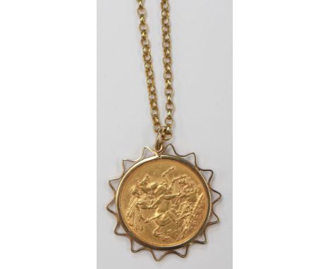 A full Sovereign, date 1900 in 9ct gold mount, on 9ct gold chain approx 18'' with safety chain, with a combined  total gross 