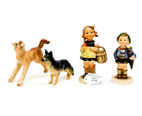 Two Hummel figures. comprising girl with basket, a boy with a Pig, a Beswick German Shepherd plus a Sylvac Pony (4) 